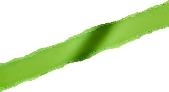 Realistic bright green torn paper strip with rough edges and soft shadow over a transparent background, creative craft or design element for banners, posters, and collages