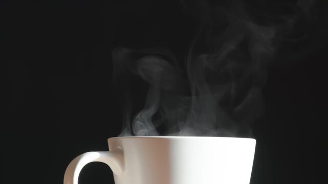 Hot Steam from a Coffee Mug. A trickle of steam rises and twists gracefully from a cup of hot coffee. Backlight illuminates the beige of cup on a black background