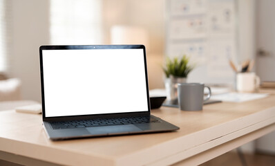 Fototapeta premium A blank laptop screen mockup on a modern office desk, surrounded by business charts, a coffee cup, and a blurred professional workspace background for creative design.