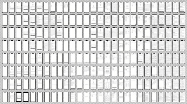 Comprehensive mobile app wireframe kit featuring a vast collection of smartphone user interface templates for UX design, including login screens, dashboard layouts, profile pages and apps settings.