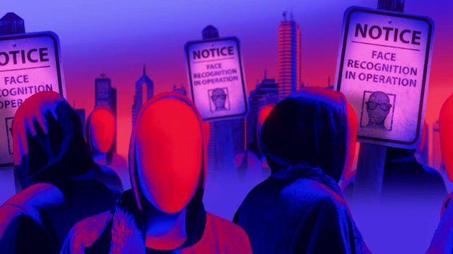 A group of faceless spinning mannequins and political statements contained on street signs on an endless loop.
