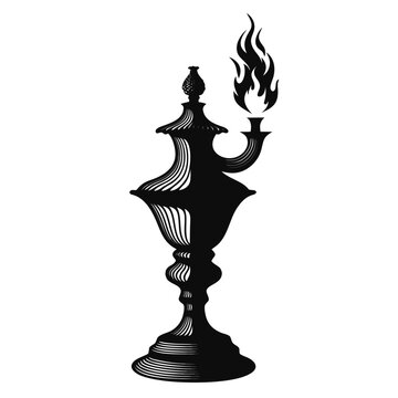 Black oil lamp, vintage lantern, flame icon, decorative lighting, vector illustration