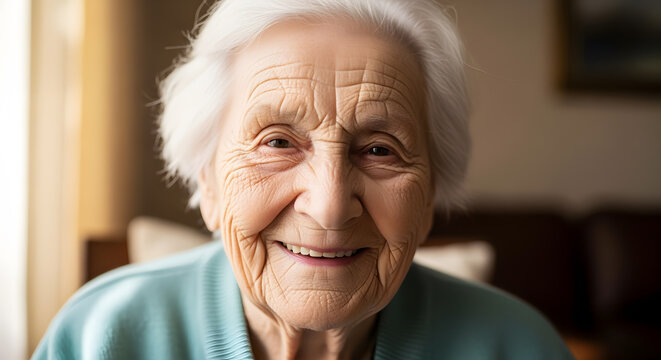 Warm, smiling senior woman with kind eyes, radiating contentment and wisdom.
