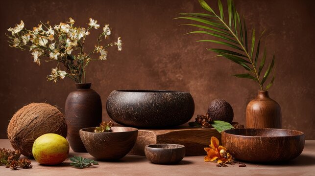 Assorted wooden bowls and coconut shells arranged with green leaf and flowers in a rustic setting