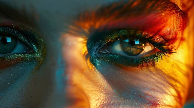 Close-up of human eyes with vivid, colorful makeup. Glowing hues of red, green, and gold highlight the irises. Light casts dramatic shadows across the eyelids and brow