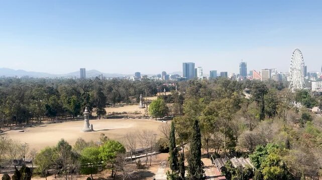 Shot of cablebus In chapultepec in mexico city crossing museums and parks