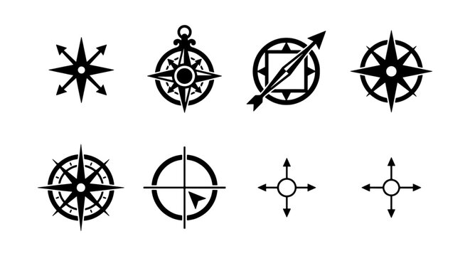Vintage nautical compass rose icons, set of 8 black vector navigation symbols, antique maritime wind rose elements for maps and travel design