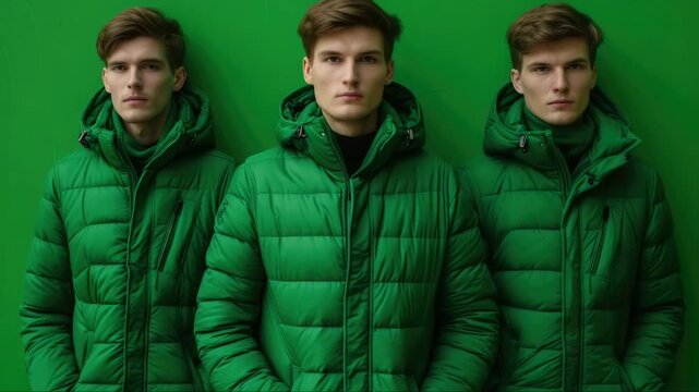 Three young men posing together against a green background