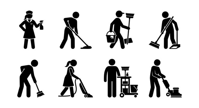 Professional cleaning service icons set, janitor and maid stick figures with equipment, commercial housekeeping staff vector silhouettes for business signage