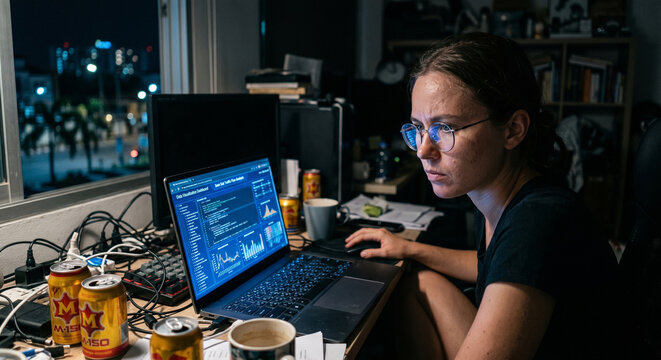 Woman working on data visualization dashboard on laptop at night