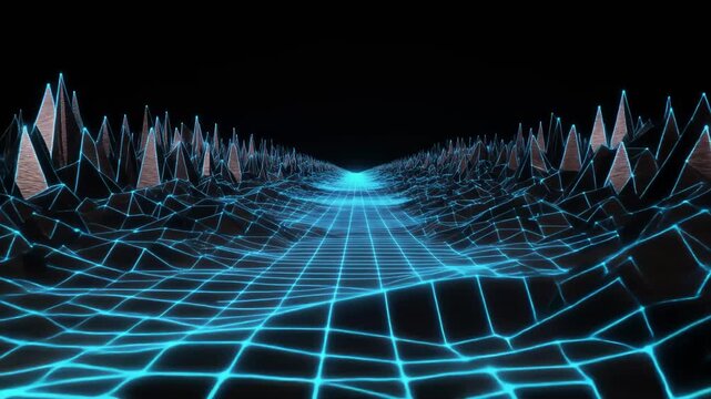 Neon grid landscape with glowing blue wireframe road flanked by jagged polygonal peaks under black sky, futuristic retro synthwave aesthetic, perspective vanishing point
