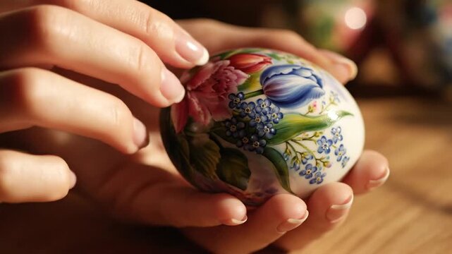 Close up of hands holding a floral painted Easter egg
