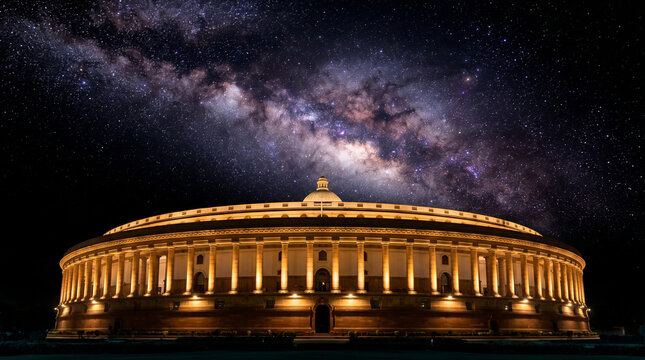 Indian Parliament House Night Sky Milky Way Architecture Landmark Government Monument