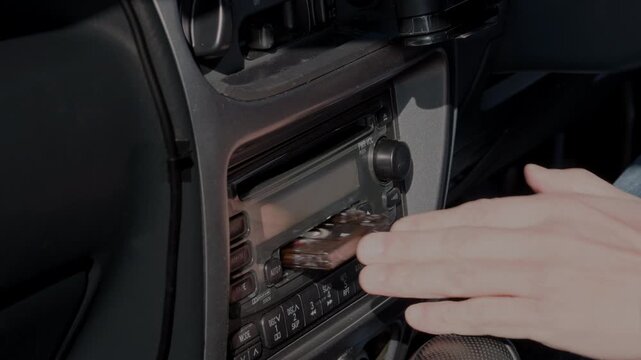 Insert a Cassette Tape Into the Retro Stereo of a Vintage Car to Play It Then Press the Eject Button to Remove It  |  Japan