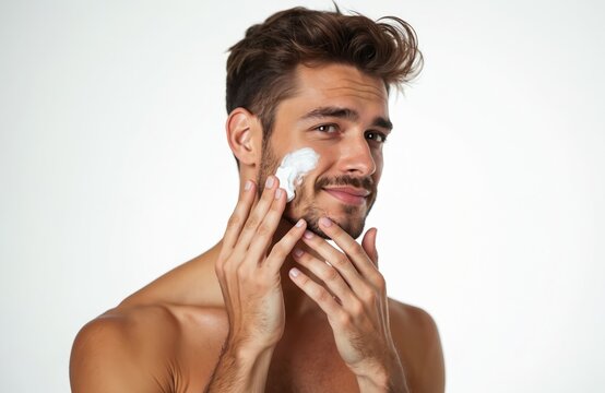 Young man applies white cream on his face with his hand. He has short brown hair and is smiling, showing his healthy skin care routine. Close up shot.
