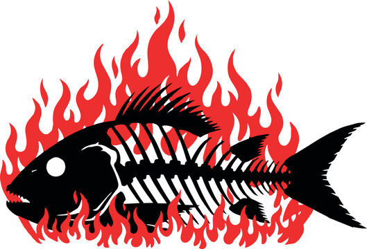Stylized black fish skeleton silhouette with red burning flames, seafood grill or spicy food concept.