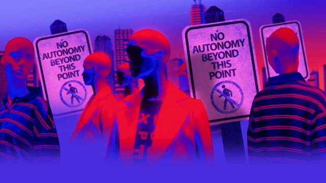 A group of faceless spinning mannequins and political statements contained on street signs on an endless loop.
