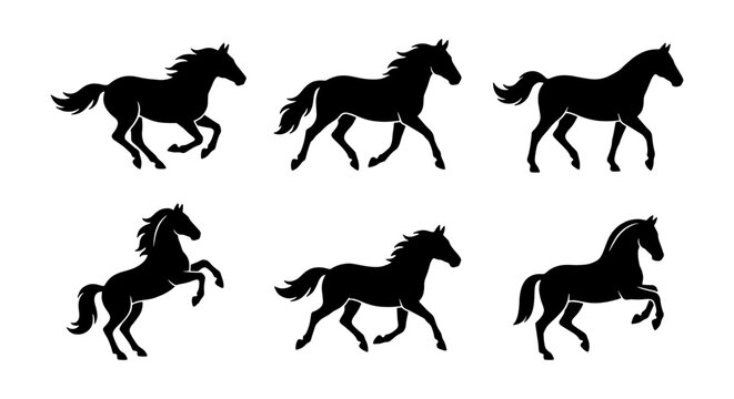 Running horse silhouettes, 6 black stallion vector icons, galloping mustang set