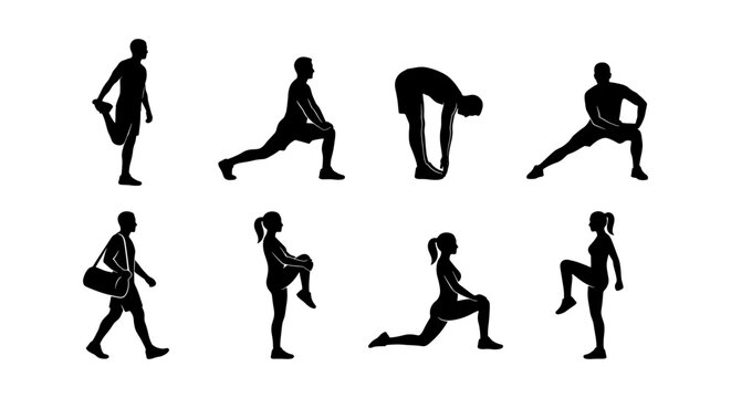 Stretching exercise silhouettes, fitness workout set, 8 athlete vector icons