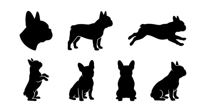 French Bulldog Silhouette Set, 7 Black Dog Vector Icons, Pet Breed Graphics