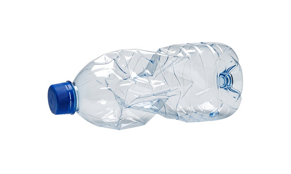 Crushed plastic water bottle with blue cap on white background transparent background