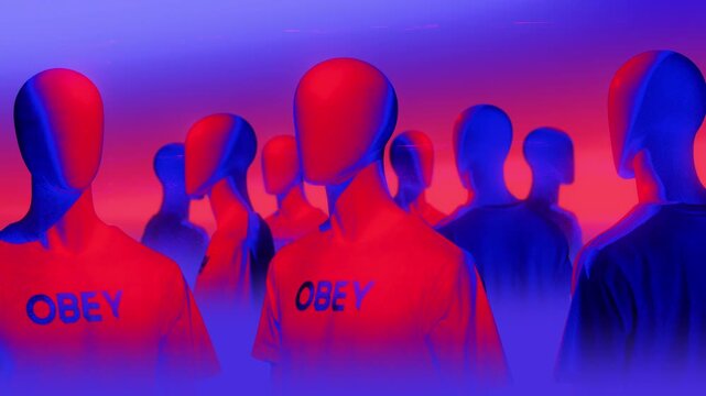 A group of faceless mannequins spinning on an endless loop in a stop motion style.
