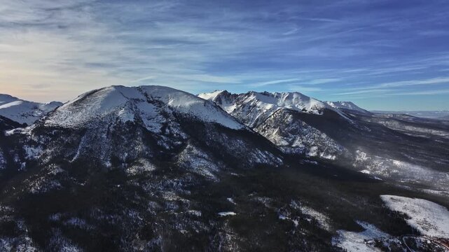 A wide-angle aerial drone shot of snowy peaks surrounding Dillon and Frisco near Breckenridge in Colorado's Rocky Mountains, during the winter season.