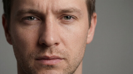 Naklejka premium Close up of a man looking directly at the camera with a serious expression in a simple background