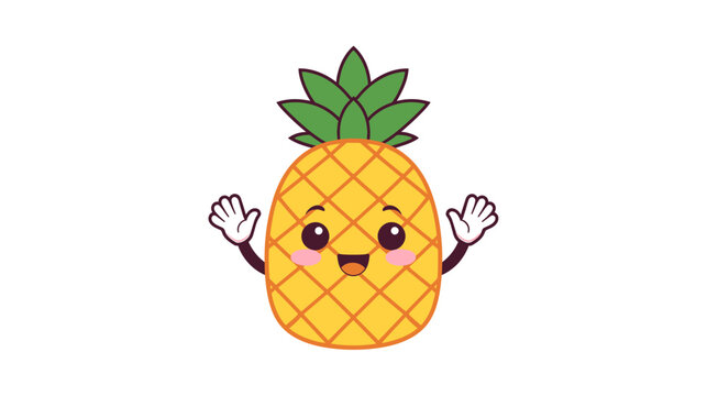 A happy pineapple character with a cute face and raised hands appears joyful in a digital illustration.