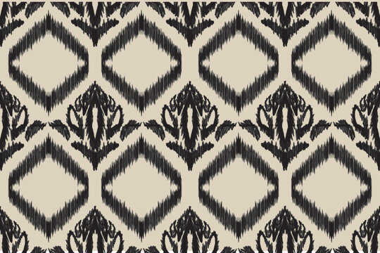 Seamless ikat geometric pattern with hand-drawn brush texture in black on beige background. Ethnic tribal style repeating design featuring diamond shapes and organic distressed lines. Perfect for text