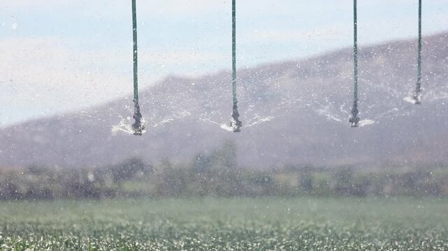 Spectral backlit water droplets spray from irrigation pivot in slo mo