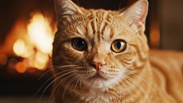 Ginger cat sitting in front of a warm cozy fireplace