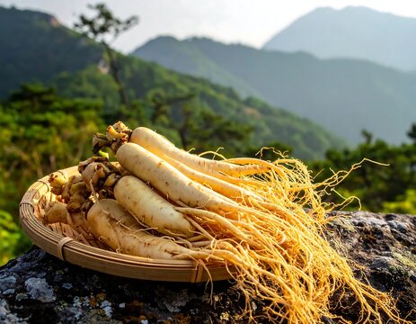 Fresh Organic Ginseng Roots In A Woven Basket On A Rock With A Scenic Green Mountain Landscape Background In Bright Daylight
