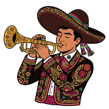 Mexican mariachi musician playing trumpet in embroidered charro suit isolated on white background traditional music concept