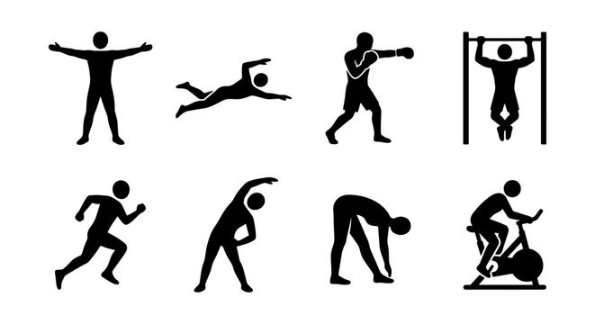 Fitness sports icons set, black silhouette athlete figures, 8 workout exercise vector elements, gym training and cardio activity symbols