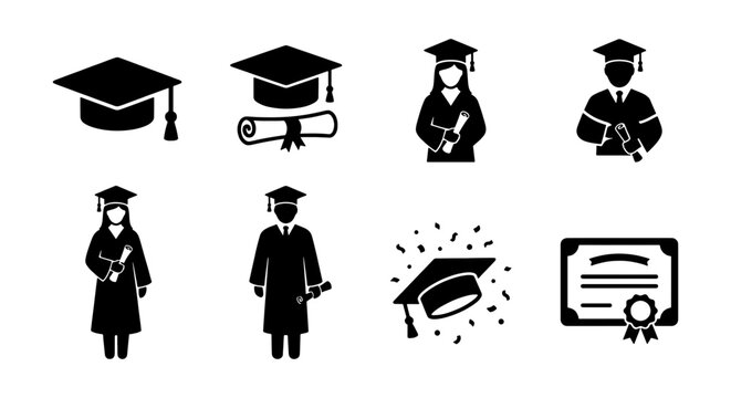 Graduation icon set with students and mortarboard caps, academic achievement symbols, 8 black vector silhouettes for education and degree ceremonies