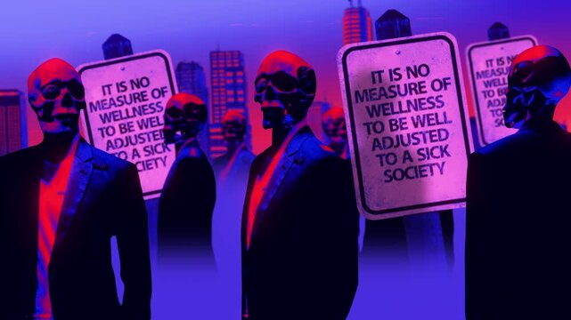 A group of faceless spinning mannequins and political statements contained on street signs on an endless loop.
