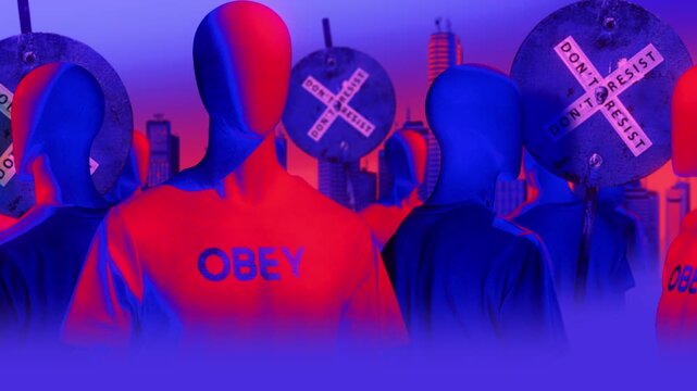 A group of faceless spinning mannequins and political statements contained on street signs on an endless loop.
