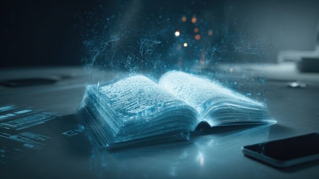 Digital rendering of an open book with glowing floating pages emitting light and energy effects, showcasing intricate surface design and textures