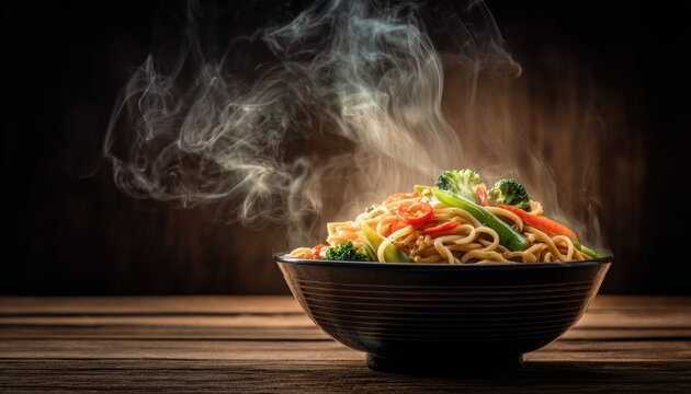 Bowl of steaming hot chinese noodles with vegetables on a dark wooden surface