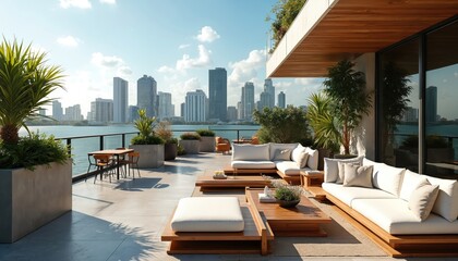 Obraz premium Modern Miami rooftop lounge with chic white sofas, wooden tables, and lush plants overlooks city skyline. Ocean water sparkles under bright sunny sky, offering relaxation spot.