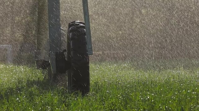 Wheels of center pivot irrigation on wet grass with backlit water mist