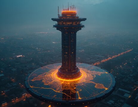 Futuristic control tower overlooks city. Glowing map displays freight movement. Global logistics managed by advanced AI and data systems. Future of transport and supply chain.