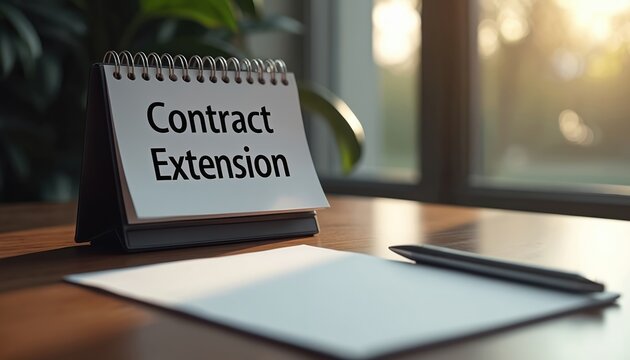 Calendar shows Contract Extension. Blank paper and pen sit on desk. Business deal renewal, office work ready for signature. Legal agreement confirmation.