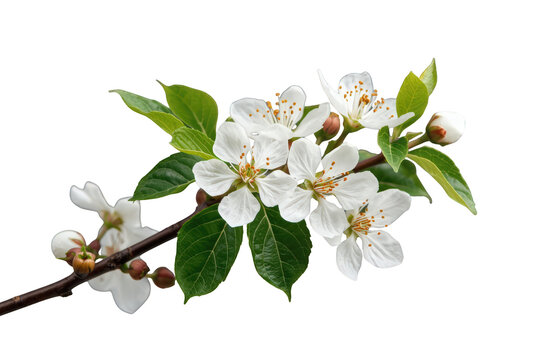 White apple blossoms blooming on a branch with fresh green leaves during springtime, isolated on transparent background