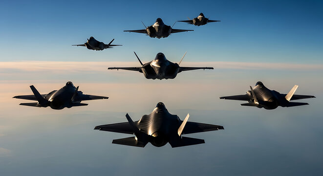 Six F-35 Lightning II fighter jets flying in formation against a clear blue sky.