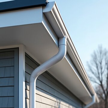 Modern white aluminum gutter system on house roof edge. Rainwater drainage pipe directs water away from home exterior. Clean sleek design protects property.