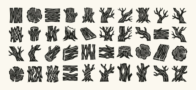 Linocut Wood Texture and Tree Icon Collection