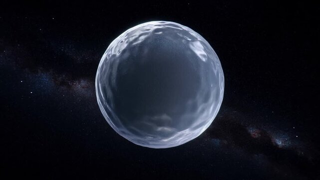 Slow zoom in on translucent sphere rotating and drifting against starfield galaxy backdrop in deep space