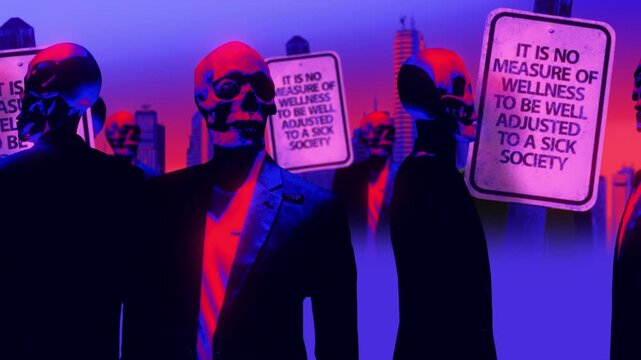 A group of faceless spinning mannequins and political statements contained on street signs on an endless loop.
